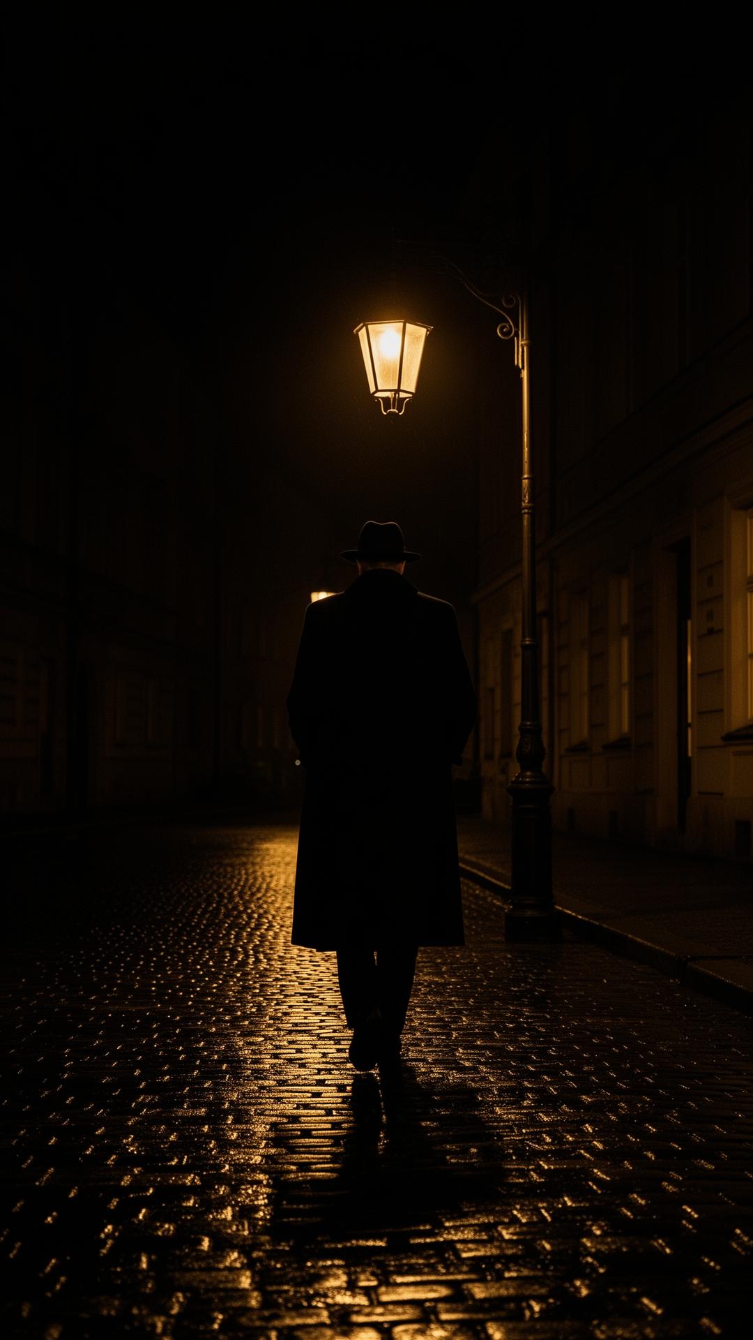 A lone figure walking under a single gas lamp on wet Prague cobblestones